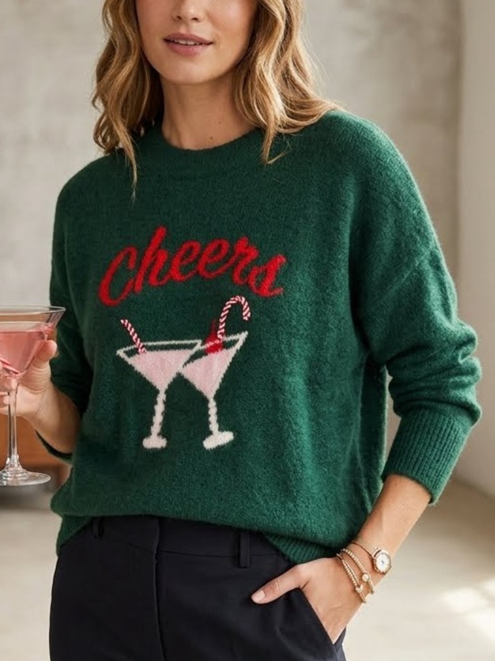 CeCe Green Holiday 'Cheers' Sweater Pink Cocktail Motif Christmas Candy Cane L